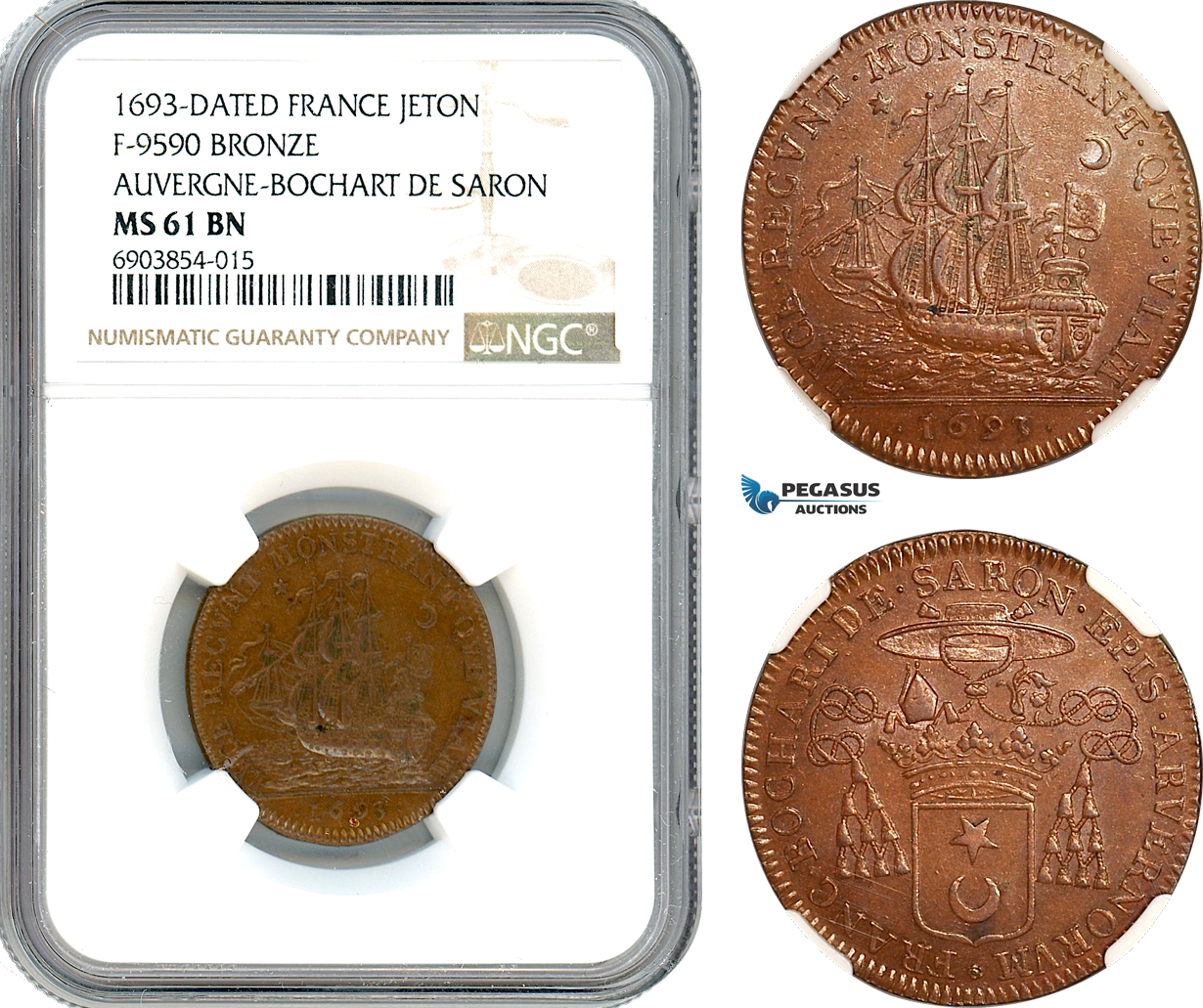 AK246, France, 1693 Bronze Medal, Auveragne - Bocart de Saron, NGC MS61BN
