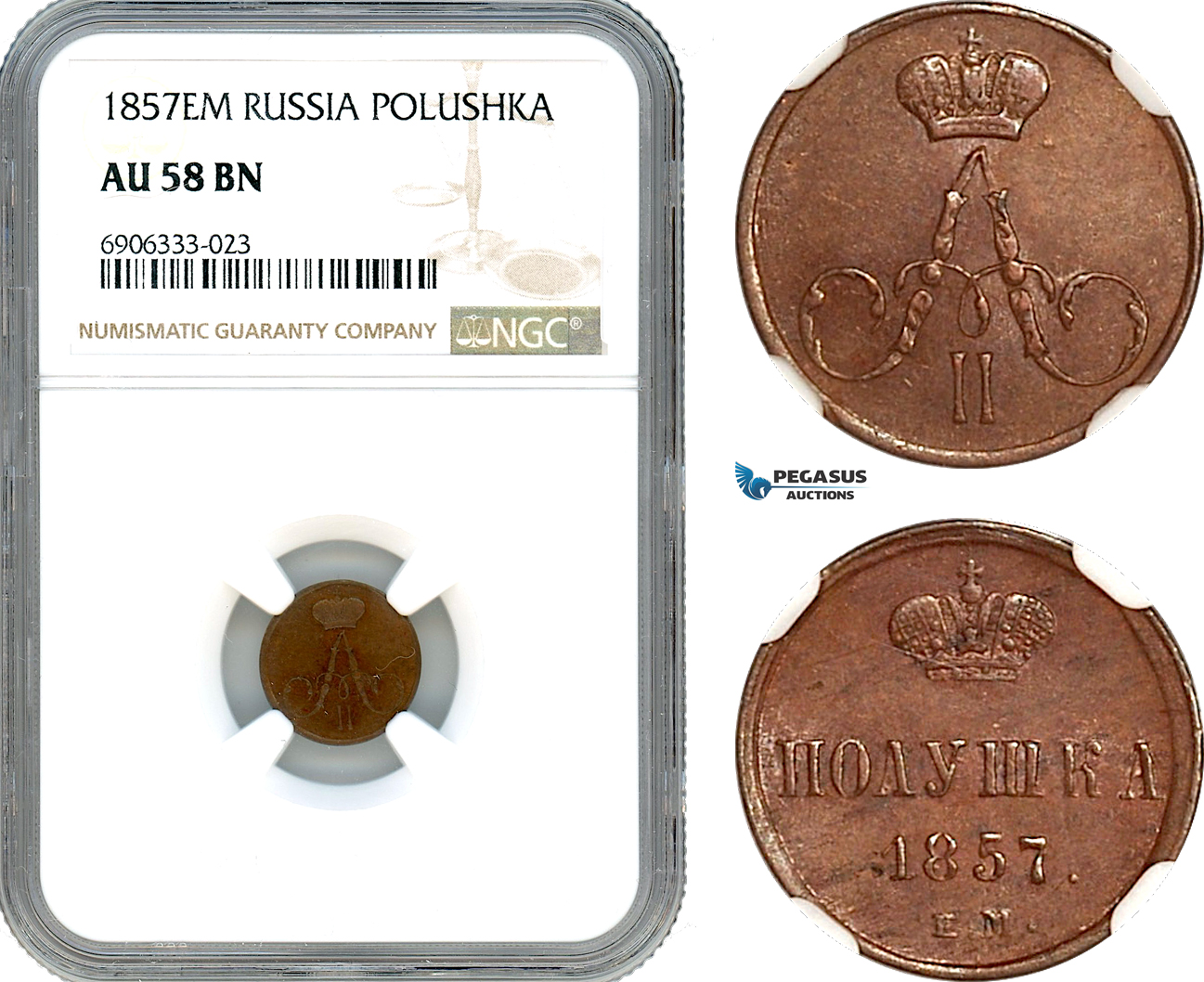 AK263, Russia, Alexander II, Polushka 1857 EM, Ekaterinburg Mint, NGC AU58BN