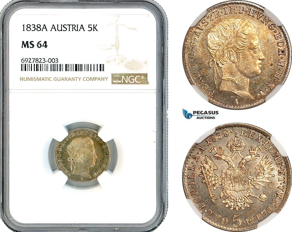 AK281, Austria, Ferdinand I, 5 Kreuzer 1838 A, Vienna Mint, Silver, NGC MS64