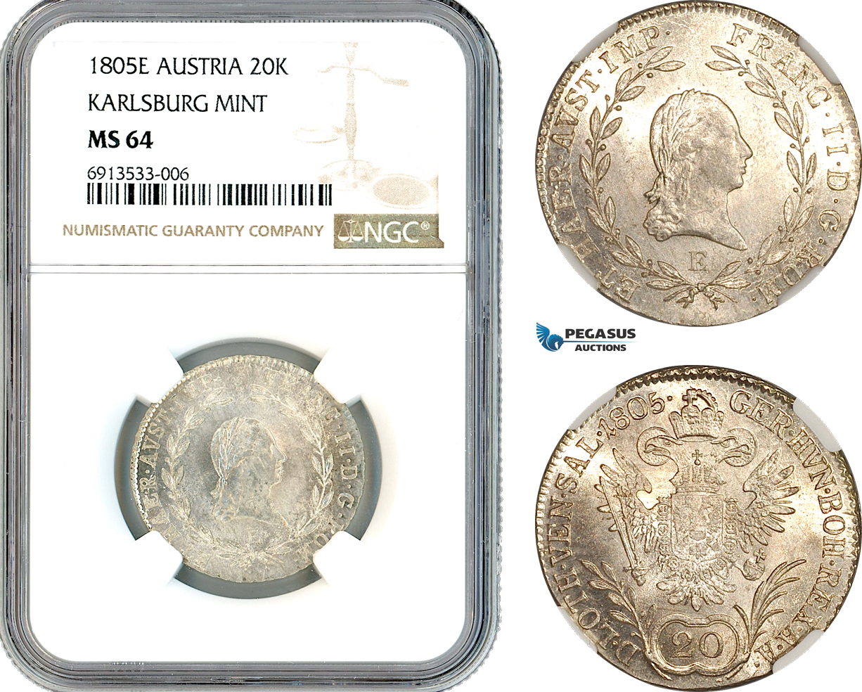 AK312, Austria, Franz II, 20 Kreuzer 1805­ E, Karlsburg Mint (Transylvania) Silver, NGC MS64