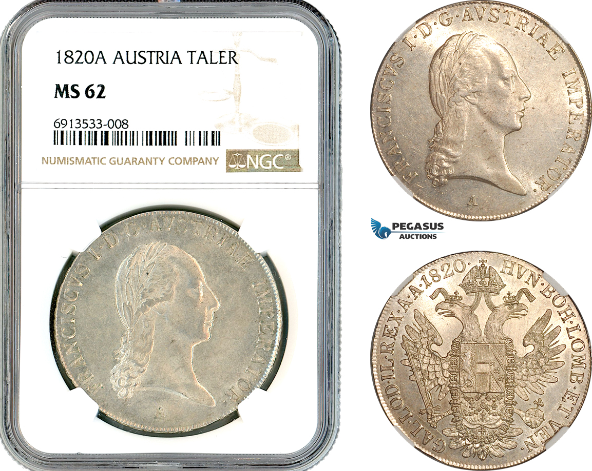 AK314, Austria, Franz II, 1 Taler 1820 A, Vienna Mint, Silver, NGC MS62
