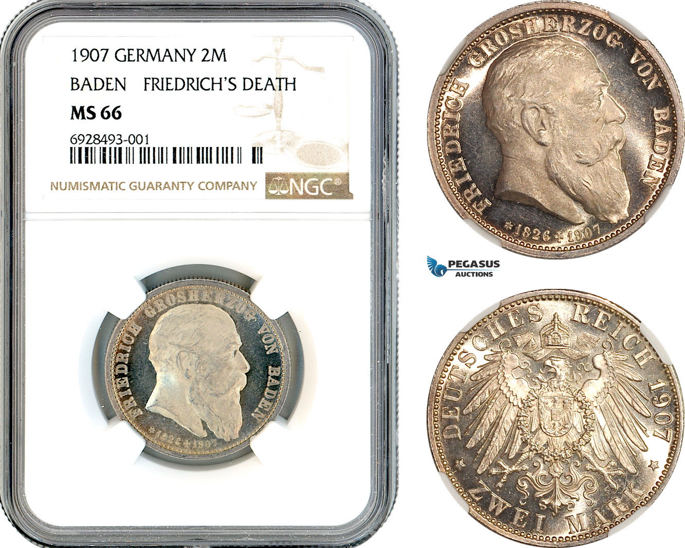 AK319, Germany, Baden, Frederick I, 2 Mark 1907, Death of Frederick I, Silver, NGC MS66