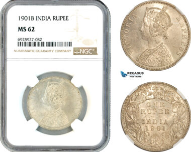 AK336, India (British) Victoria, 1 Rupee 1901 B, Bombay Mint, Silver, NGC MS62