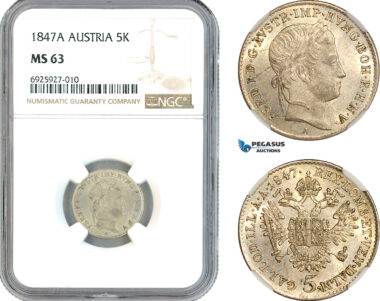 AK348, Austria, Ferdinand I, 5 Kreuzer 1847 A, Vienna Mint, Silver, NGC MS63