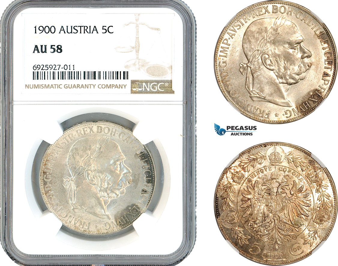 AK349, Austria, Franz Joseph, 5 Corona 1900, Vienna Mint, Silver, NGC AU58