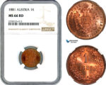 AK357, Austria, Franz Joseph, 1 Kreuzer 1881, Vienna Mint, NGC MS66RD