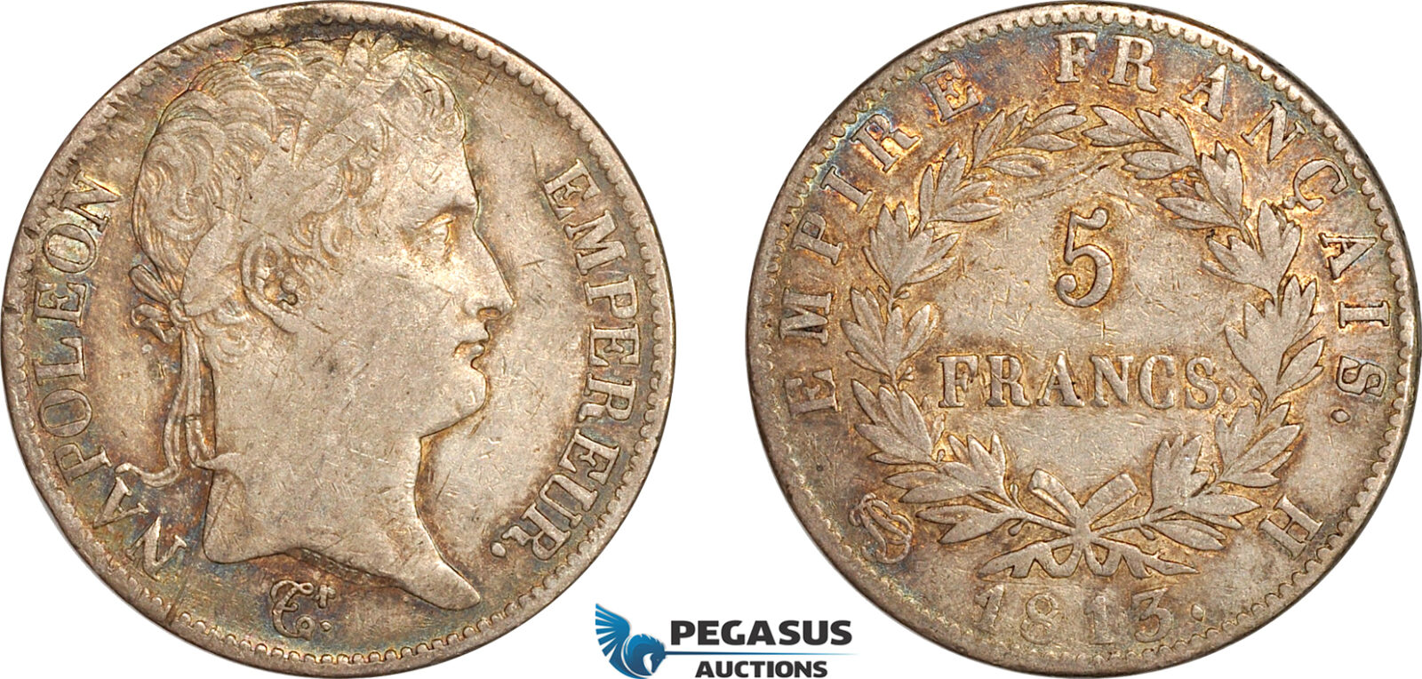 AK392, France, Napoleon I, 5 Francs 1813 H, La Rochelle Mint, Silver, Toned VF