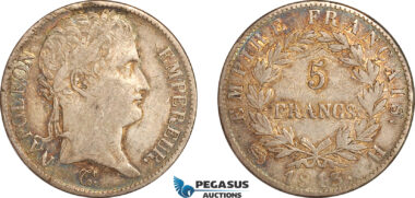 AK392, France, Napoleon I, 5 Francs 1813 H, La Rochelle Mint, Silver, Toned VF