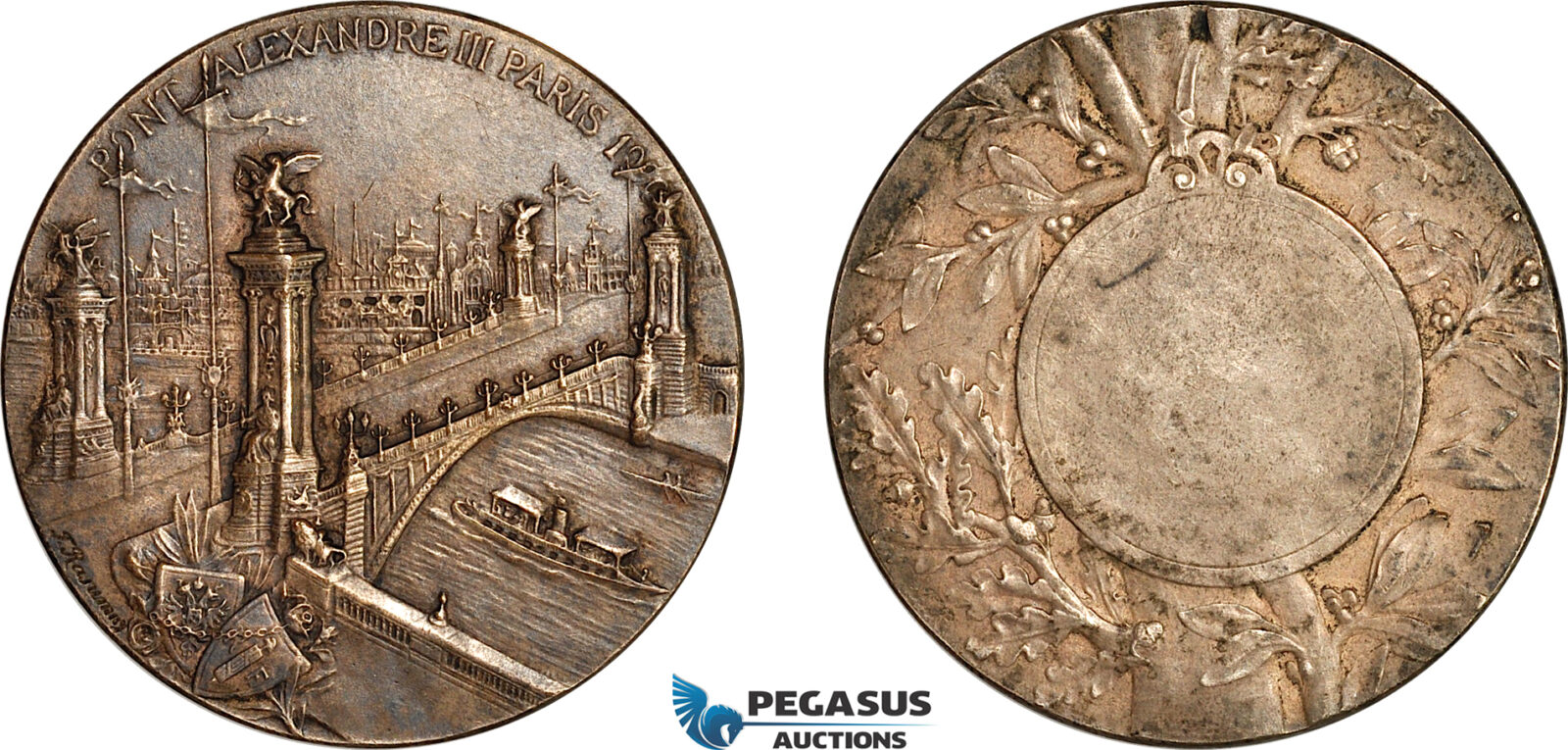 AK394, France & Russia, Nicholas II, 1900 Bronze Medal, Inauguration of the Alexander III bridge in Paris, Toned AU-UNC