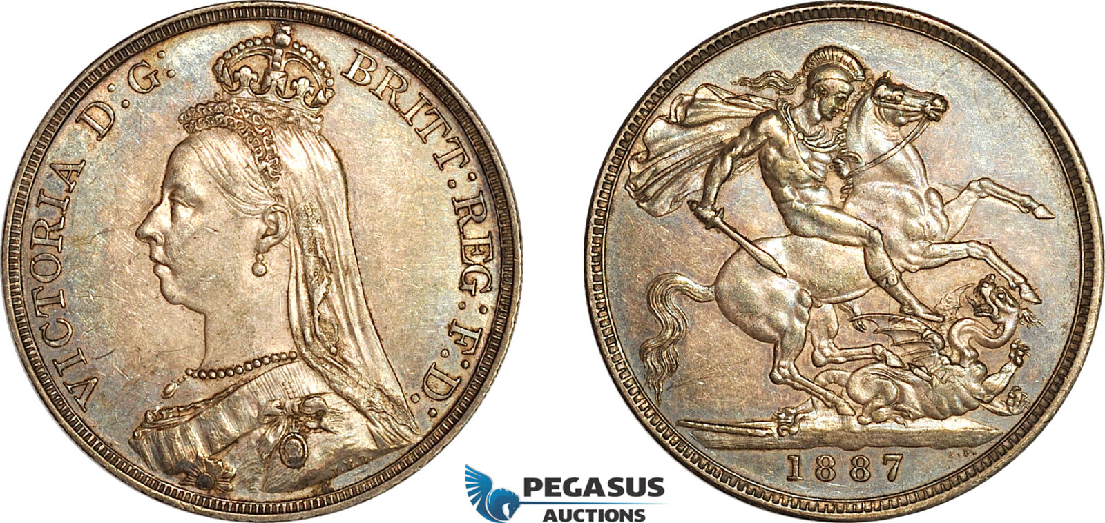 AK400, Great Britain, Victoria, Crown 1887 (Jubilee Head) London Mint, Silver, Toned AU