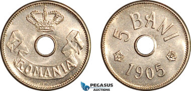 AK415, Romania, Carol I, 5 Bani 1905, Brussels Mint, Light scratch, UNC