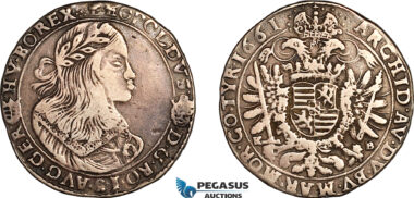 AK435, Hungary, Leopold, 1/2 Taler 1661 KB, Kremnitz Mint, Silver (13.69g) Toned, F-VF, Rare date!