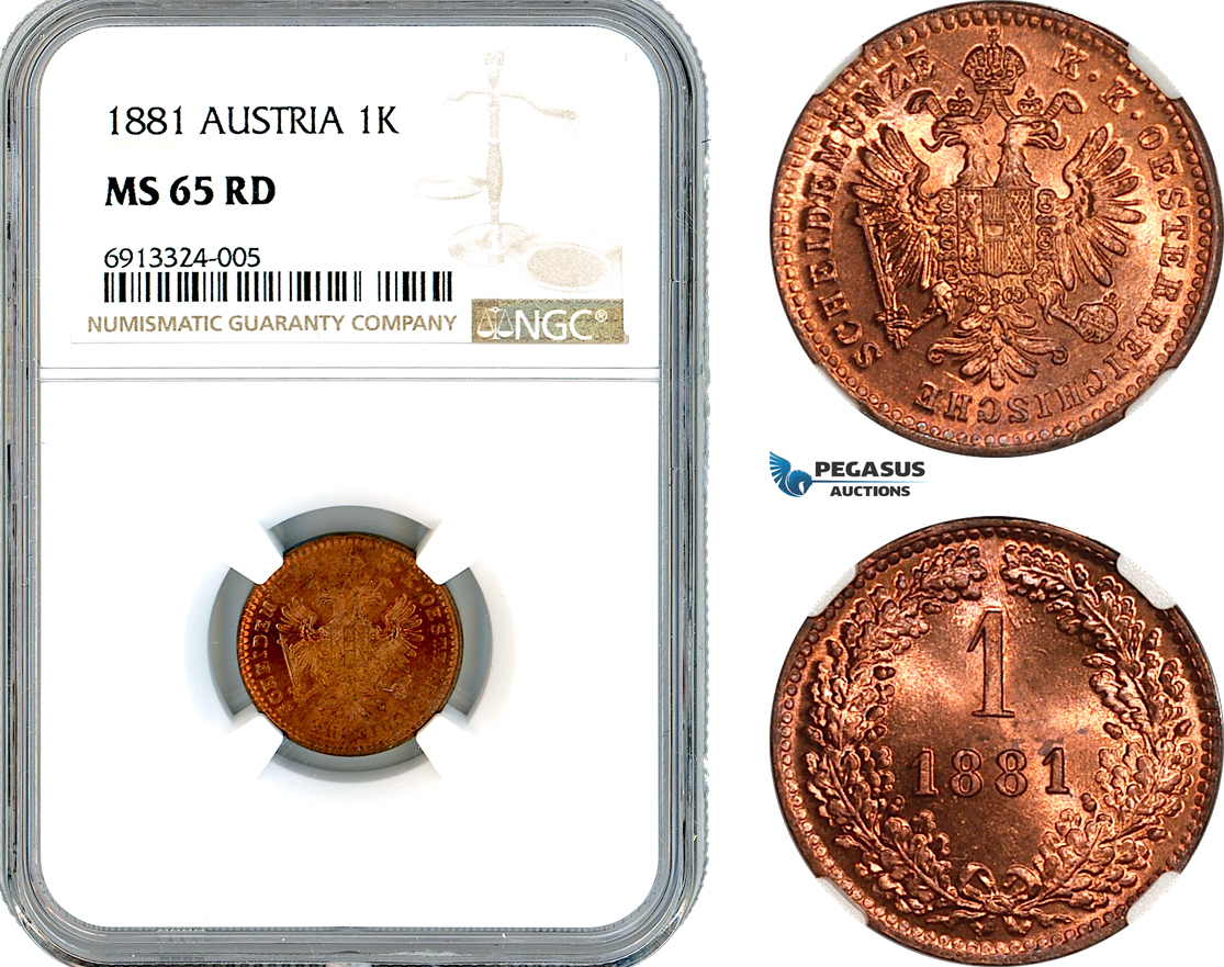 AK437, Austria, Franz Joseph, 1 Kreuzer 1881, Vienna Mint, NGC MS65RD