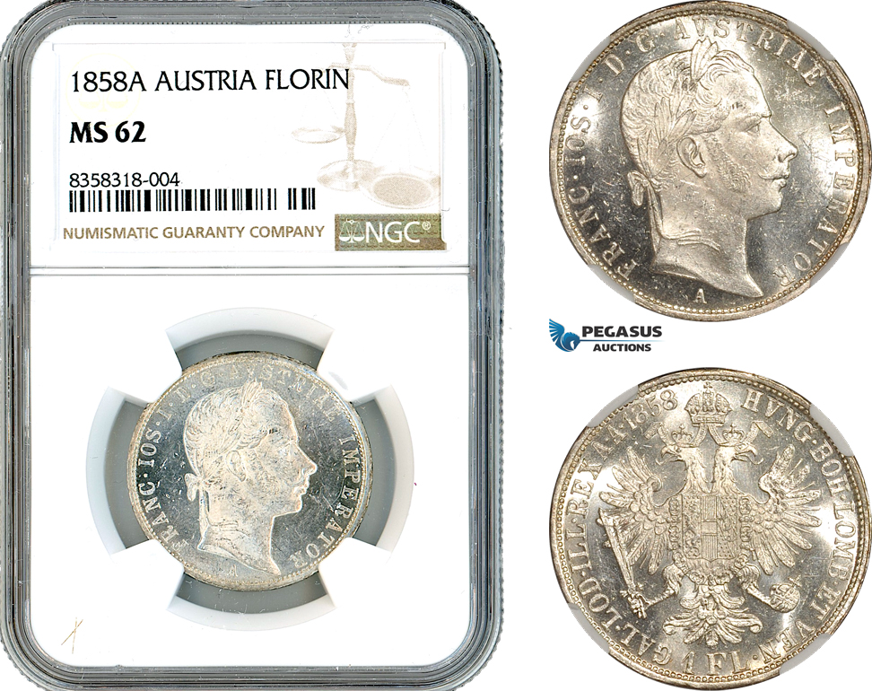 AK438, Austria, Franz Joseph, 1 Florin 1858 A, Vienna Mint, Silver, NGC MS62