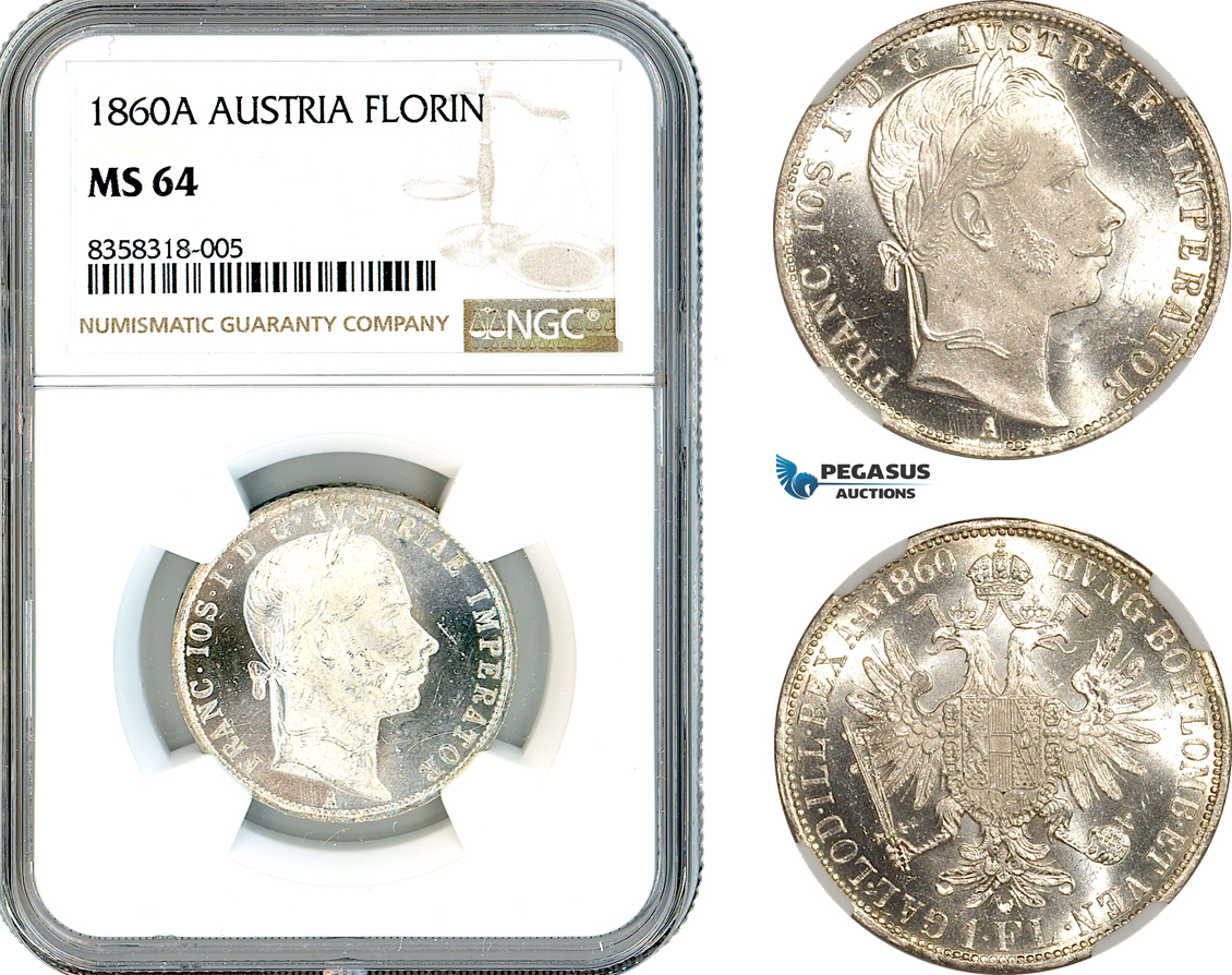 AK439, Austria, Franz Joseph, 1 Florin 1860 A, Vienna Mint, Silver, NGC MS64