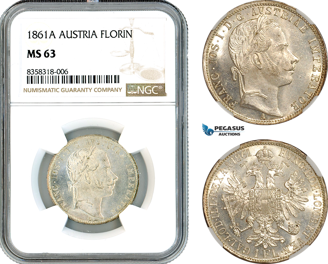 AK440, Austria, Franz Joseph, 1 Florin 1861 A, Vienna Mint, Silver, NGC MS63