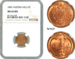 AK442, Austria, Franz Joseph, 1 Heller 1895, Vienna Mint, NGC MS65RD, Top Pop!