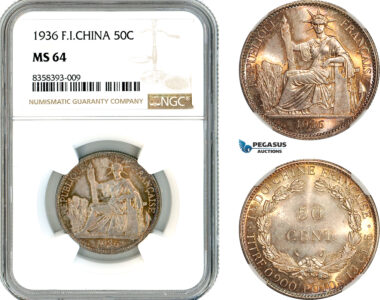 AK461, French Indo-China, 50 Centimes 1936, Paris Mint, Silver, NGC MS64