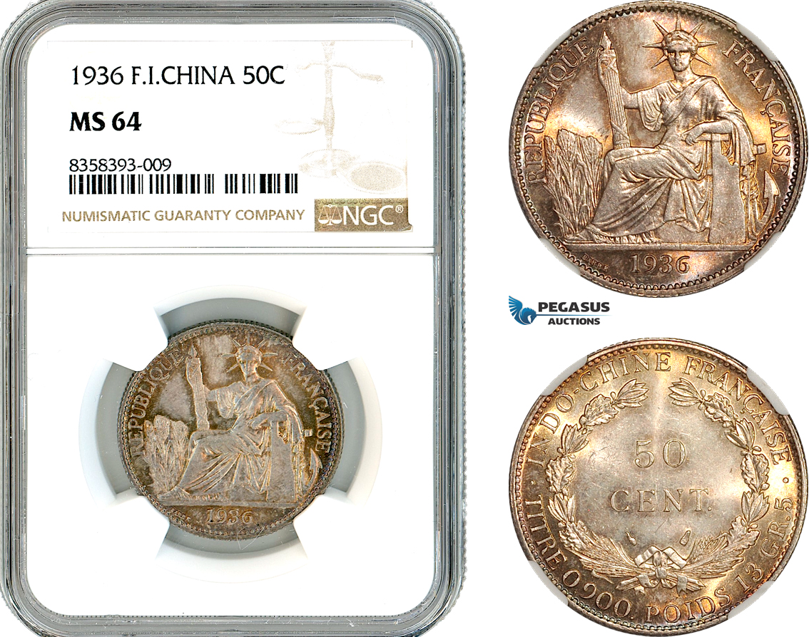 AK461, French Indo-China, 50 Centimes 1936, Paris Mint, Silver, NGC MS64
