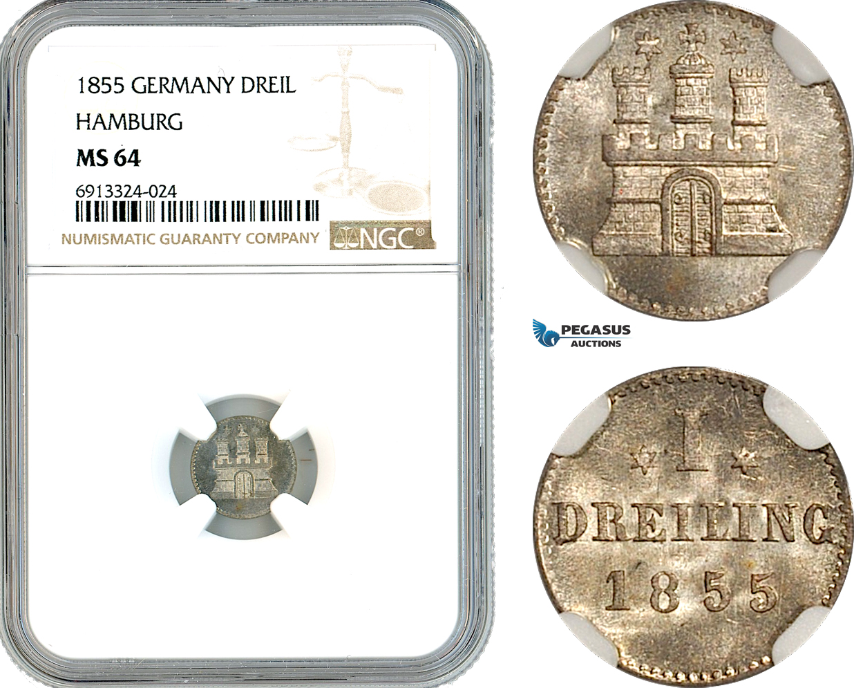 AK462, Germany, Hamburg, 1 Dreiling 1855, Silver, NGC MS64