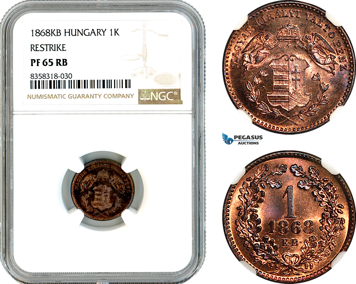 AK477, Hungary, Restrike 1 Krajczar 1868 KB, Kremnitz Mint, NGC PF65RB