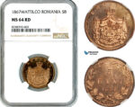 AK492, Romania, Carol I, 5 Bani 1867 Watt & Co. Mint, NGC MS64RD, Specimen Strike!