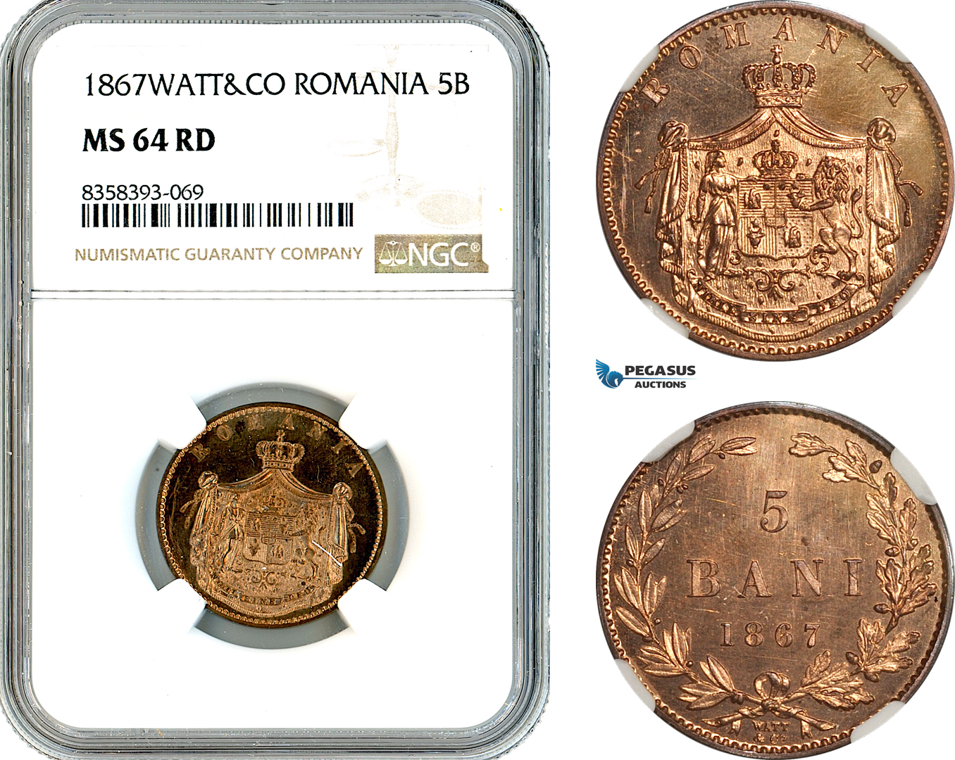 AK492, Romania, Carol I, 5 Bani 1867 Watt & Co. Mint, NGC MS64RD, Specimen Strike!