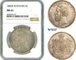 AK493, Romania, Carol I, 5 Lei 1883 B, Bucharest Mint, Silver, NGC MS61