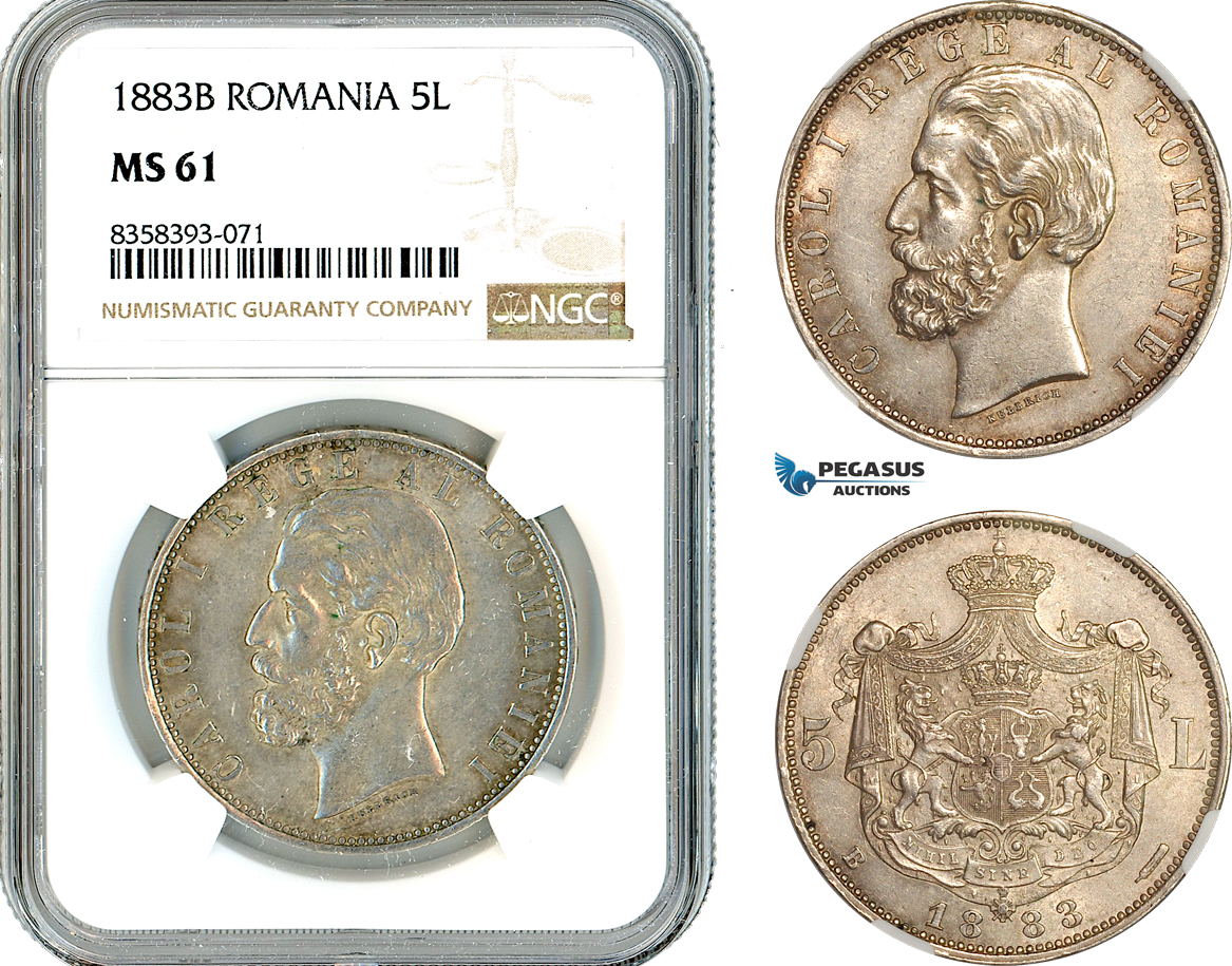 AK493, Romania, Carol I, 5 Lei 1883 B, Bucharest Mint, Silver, NGC MS61