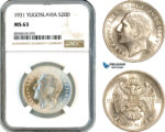 AK514, Yugoslavia, Alexander I, 20 Dinara 1931, Belgrade Mint, Silver, NGC MS63