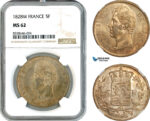 AK526, France, Charles X, 5 Francs 1828 W, Lille Mint, Silver, NGC MS62