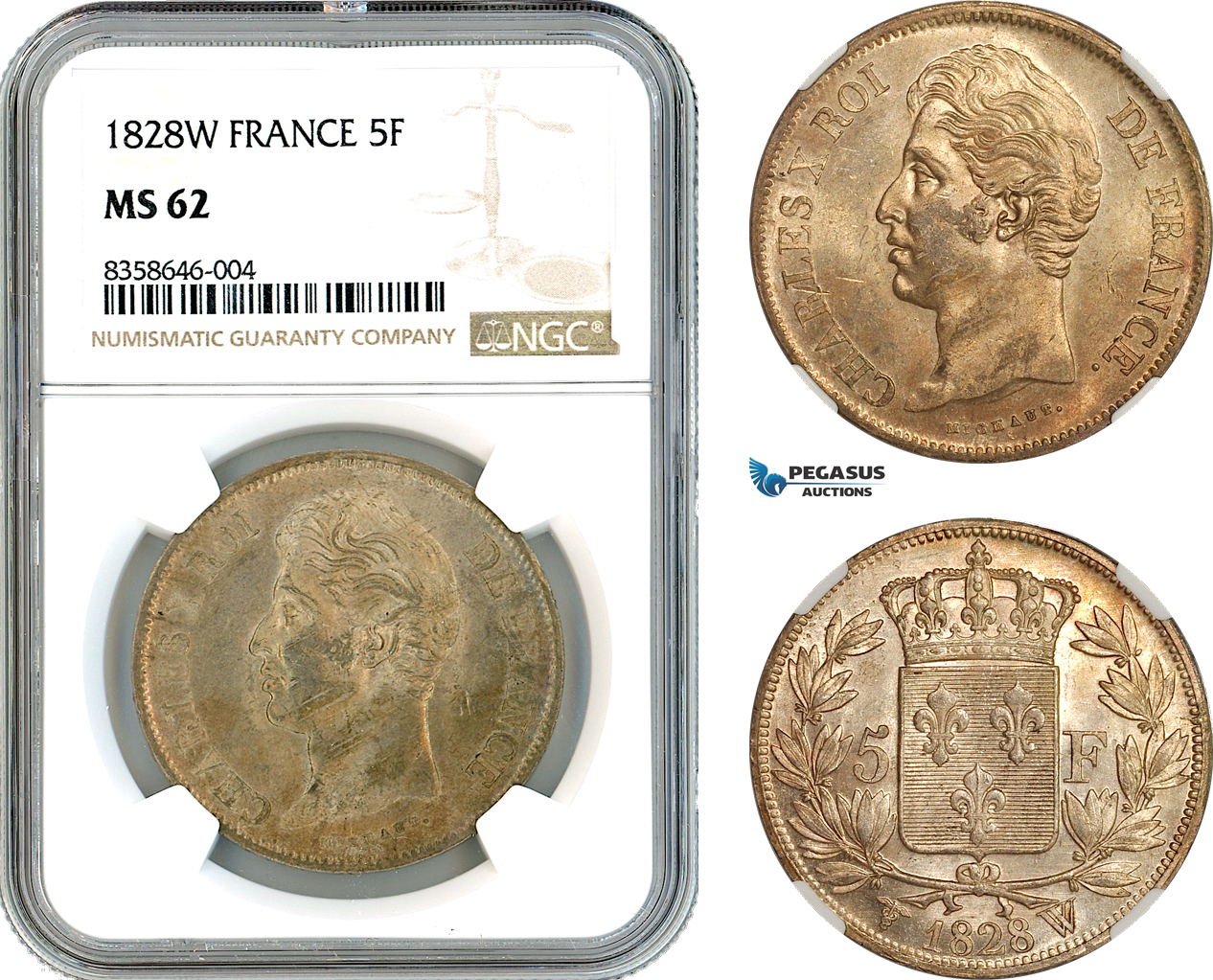 AK526, France, Charles X, 5 Francs 1828 W, Lille Mint, Silver, NGC MS62
