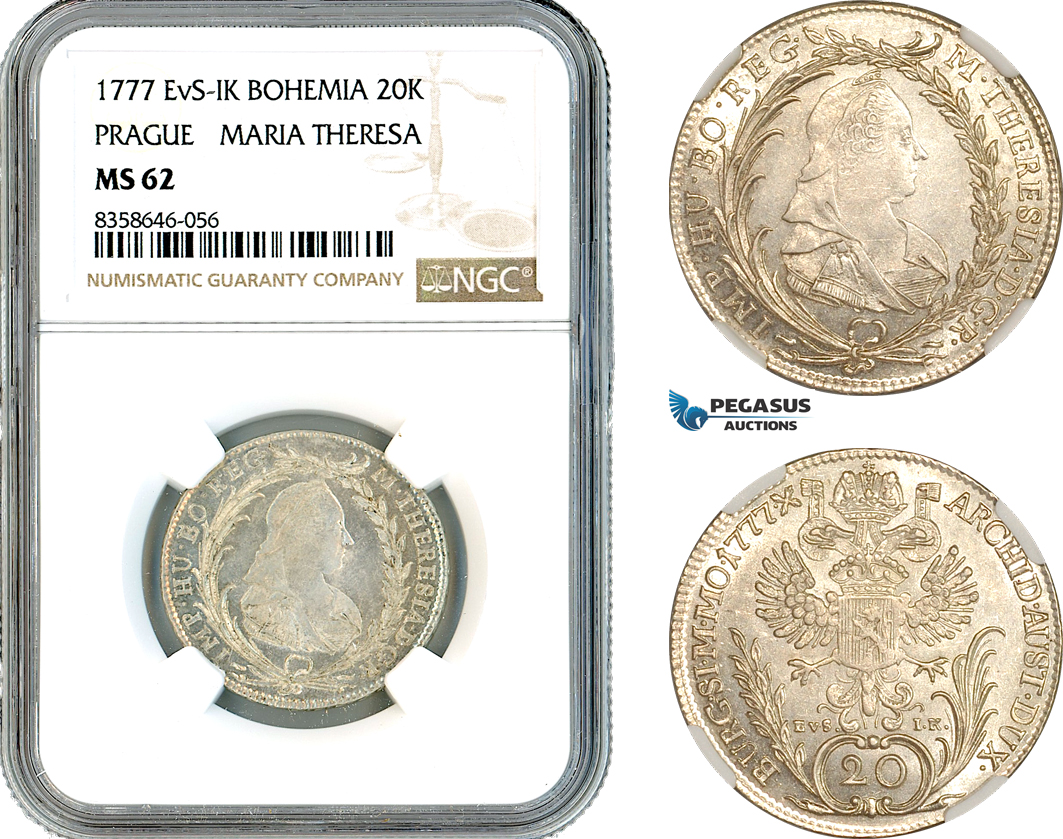 AK550, Austria, Bohemia, Maria Theresia, 20 Kreuzer 1777 EvS-IK, Prague Mint, Silver, NGC MS62, Top Pop & Single finest graded!
