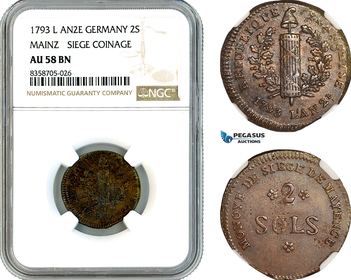 AK556, Germany, Mainz, Frederick Charles Joseph,  2 Sols 1793 L'AN 2, Siege Coinage, NGC AU58BN
