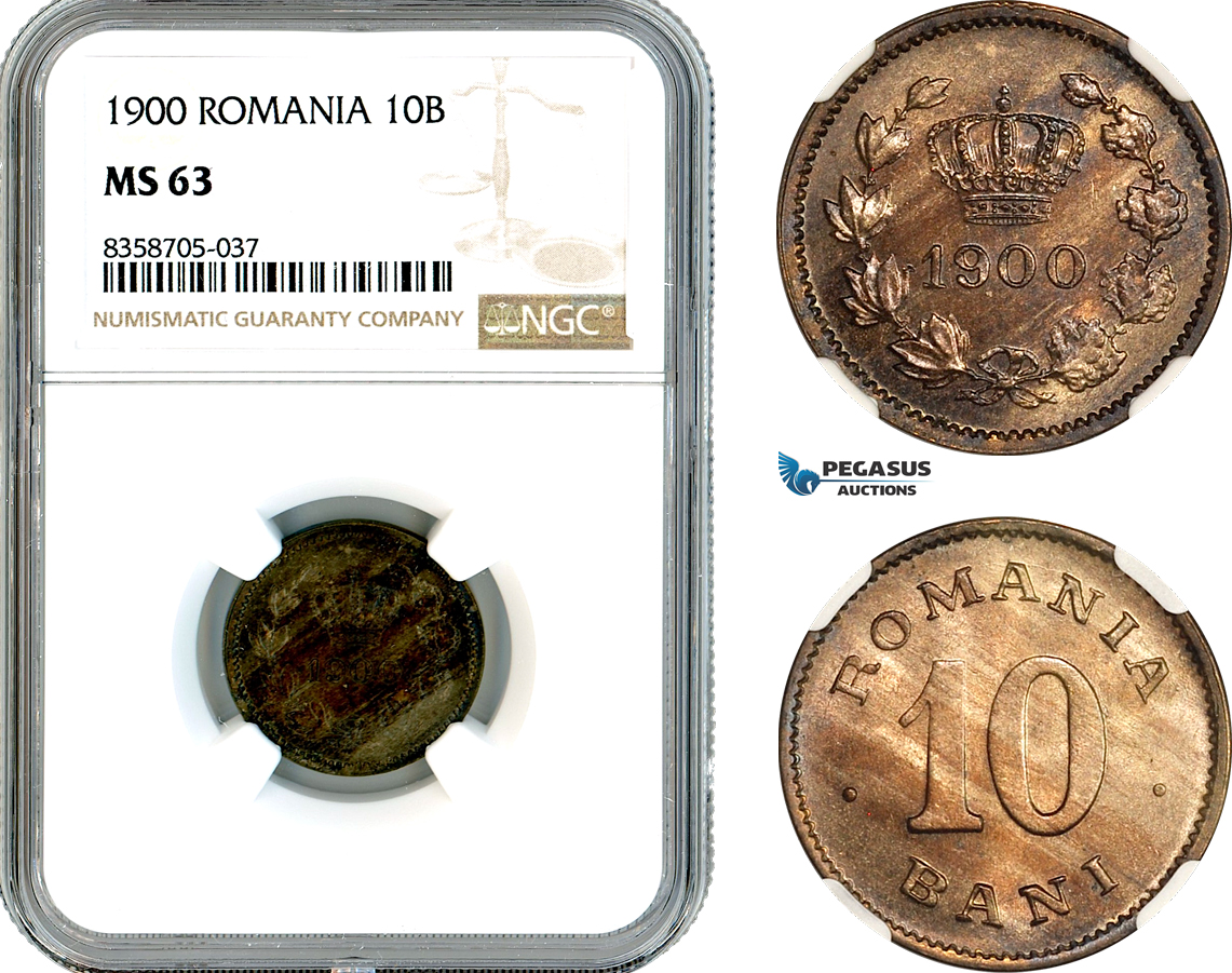 AK565, Romania, Carol I, 10 Bani 1900, Brussels Mint, NGC MS63