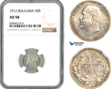 AK586, Bulgaria, Ferdinand, 50 Stotinki 1912, Silver, NGC AU58