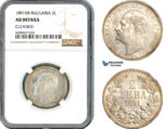 AK587, Bulgaria, Ferdinand, 2 Leva 1891 KB, Kremnitz Mint, Silver, NGC AU Details