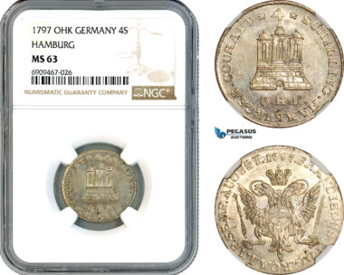 AK590, Germany, Hamburg, Franz II, 4 Schilling Courant 1797 OHK, Silver, NGC MS63