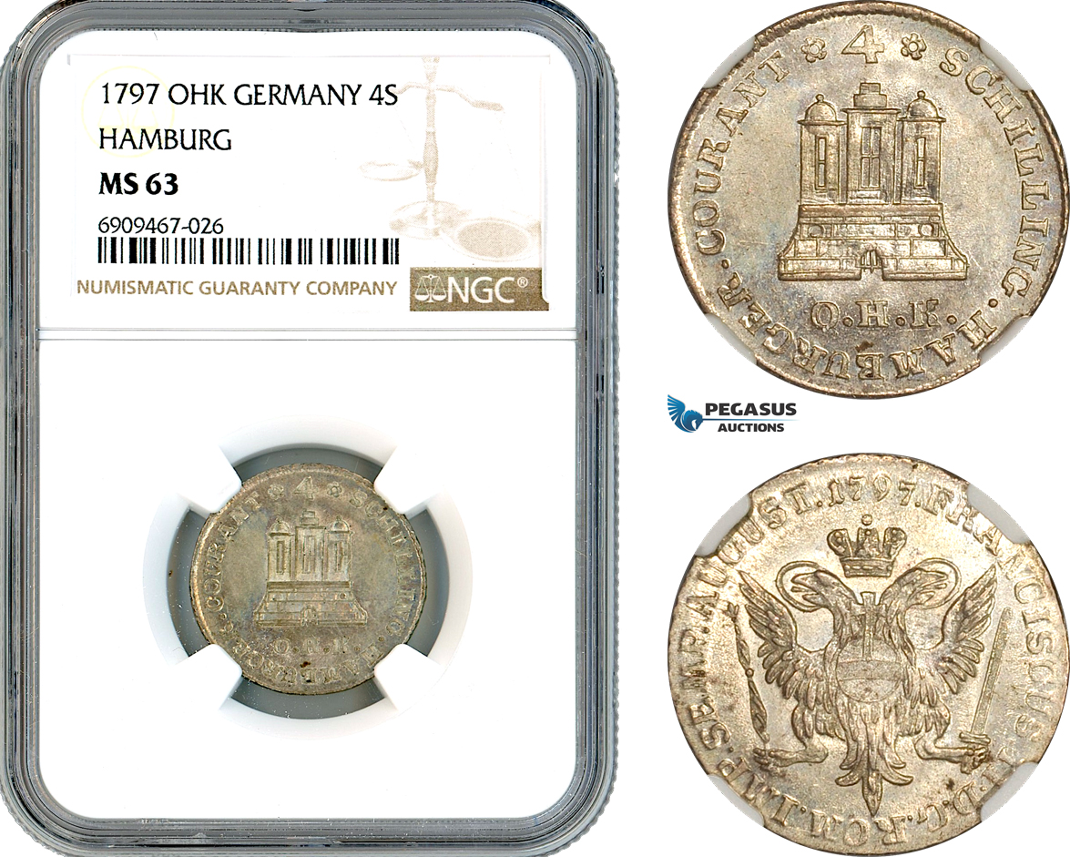 AK590, Germany, Hamburg, Franz II, 4 Schilling Courant 1797 OHK, Silver, NGC MS63