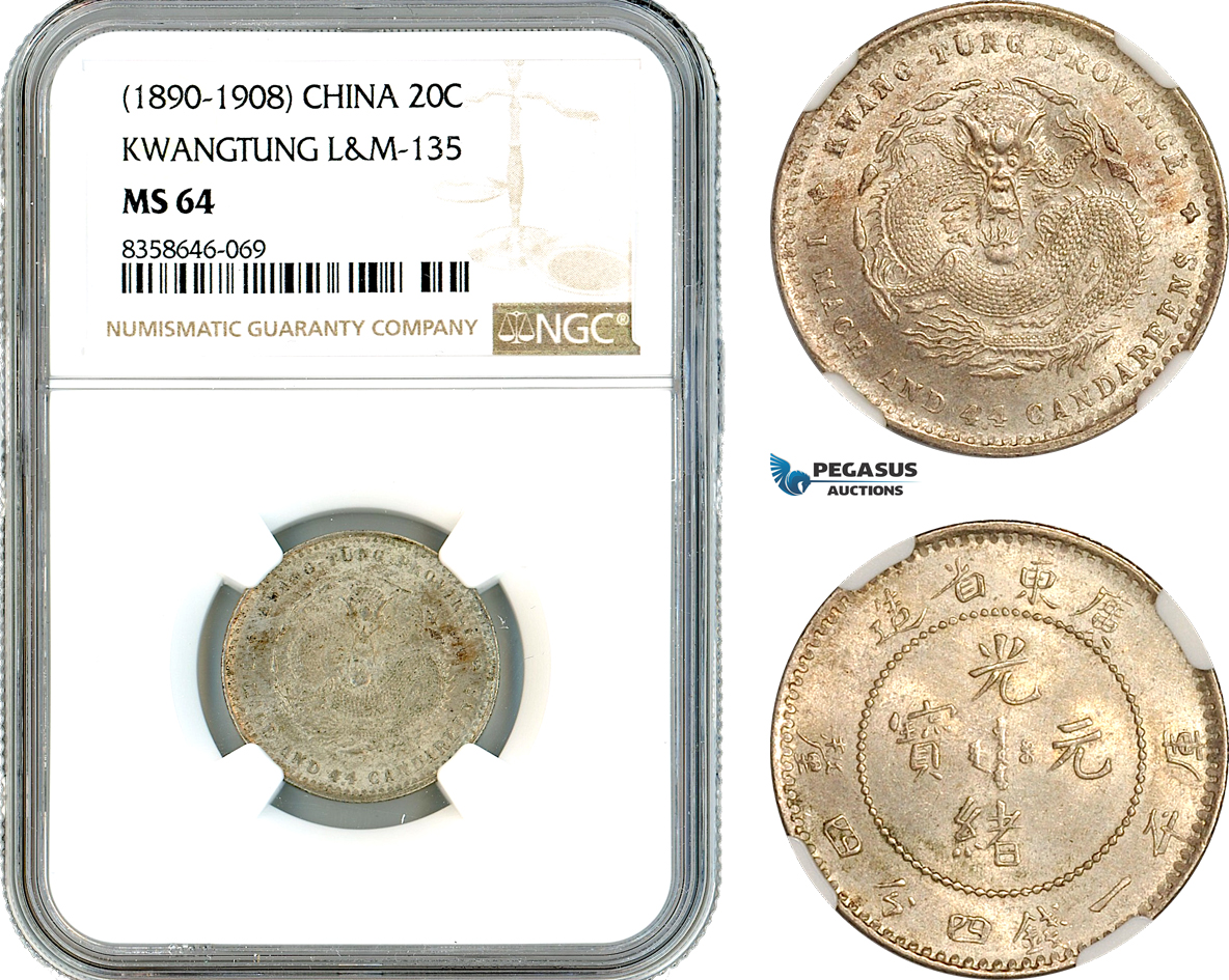 AK603, China, Kwangtung, 20 Cents ND (1890-1908), L&M-135, Silver, NGC MS64