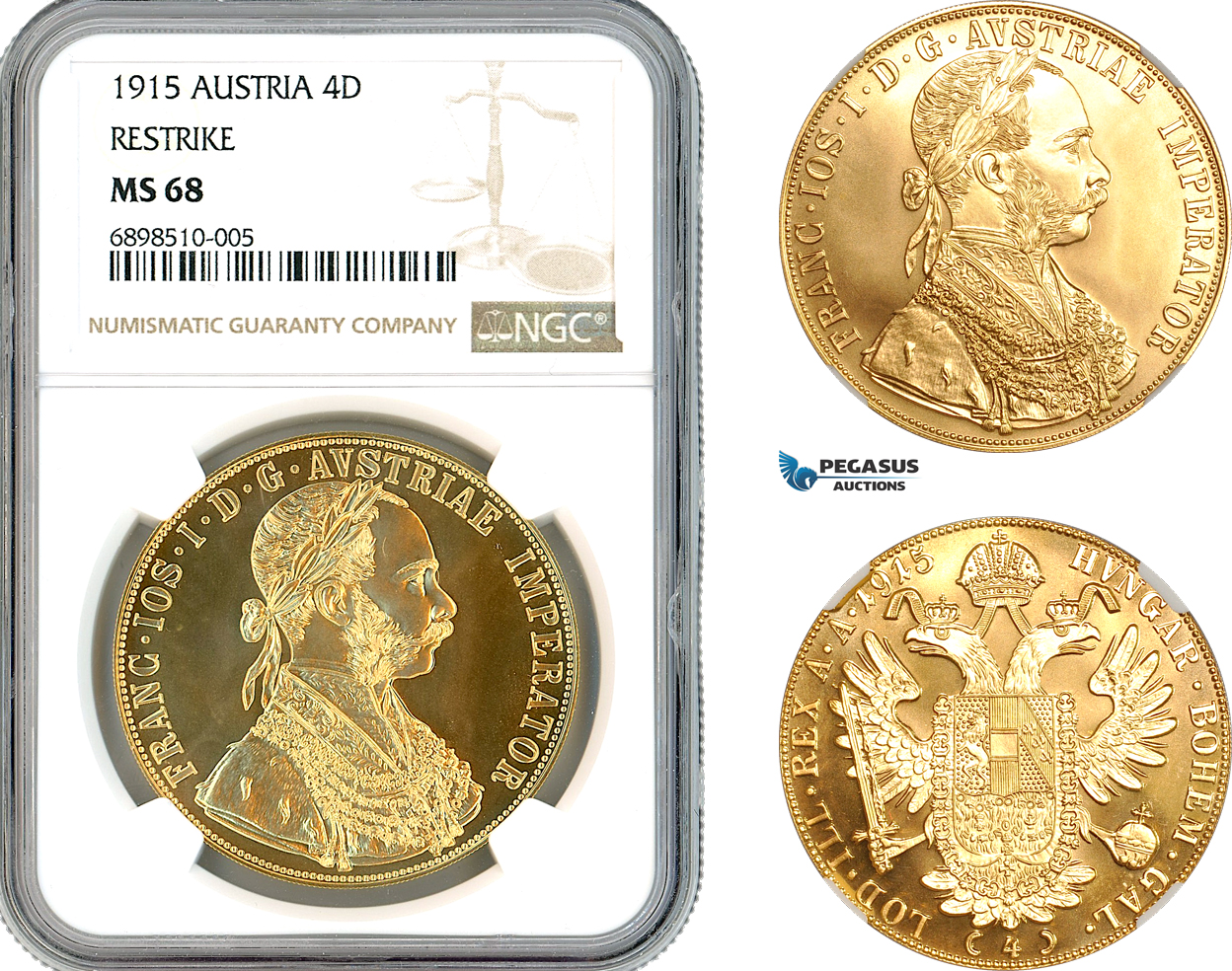 AK606, Austria, Franz Joseph, Restrike 4 Ducats 1915, Vienna Mint, Gold, NGC MS68