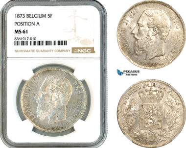 AK620, Belgium, Leopold II, 5 Francs 1873, Brussels Mint, Position "A" Variant, Silver, NGC MS61