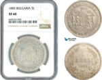 AK630, Bulgaria, Alexander I, 5 Leva 1885, St. Petersburg Mint, Silver, NGC XF40