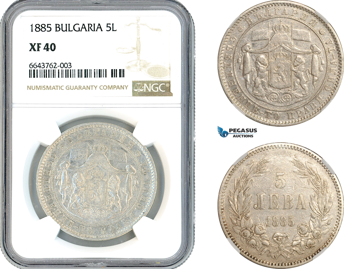 AK630, Bulgaria, Alexander I, 5 Leva 1885, St. Petersburg Mint, Silver, NGC XF40