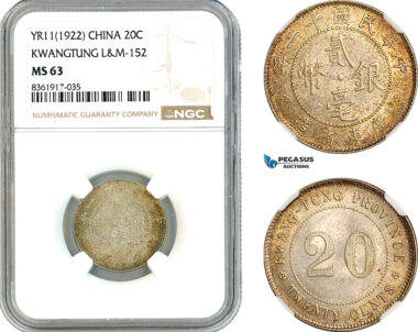 AK632, China, Kwangtung, 20 Cents Yr. 11 (1922) Silver, L&M-152, NGC MS63