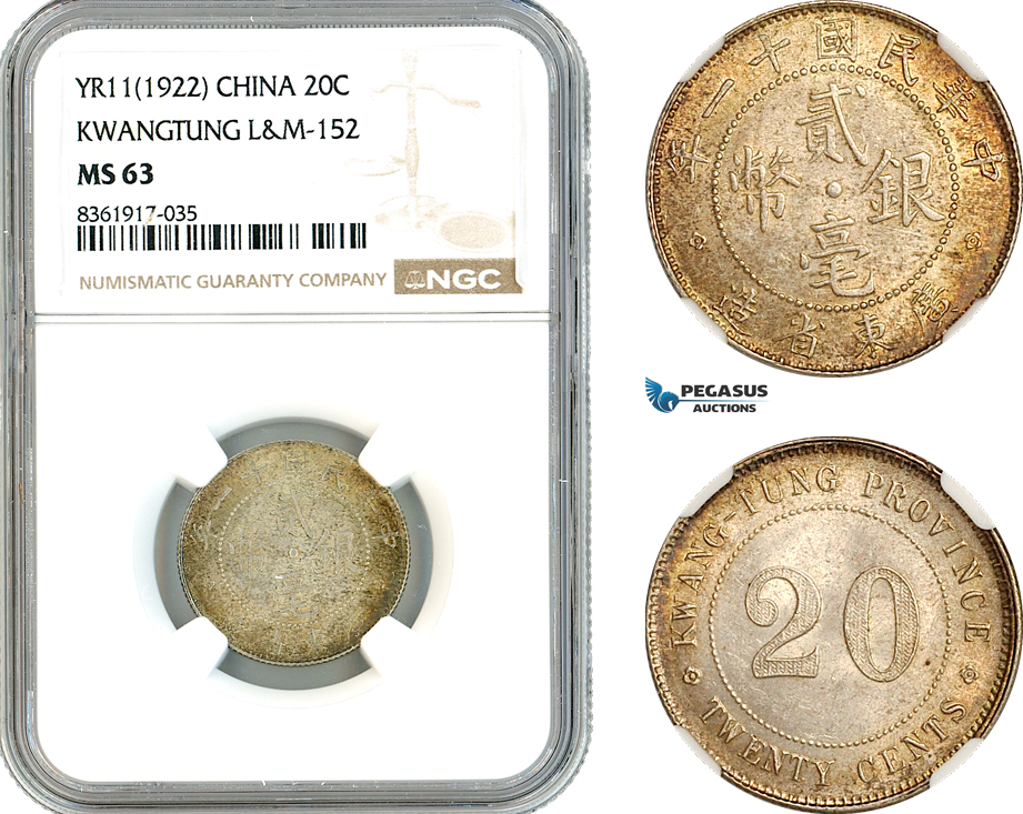 AK632, China, Kwangtung, 20 Cents Yr. 11 (1922) Silver, L&M-152, NGC MS63