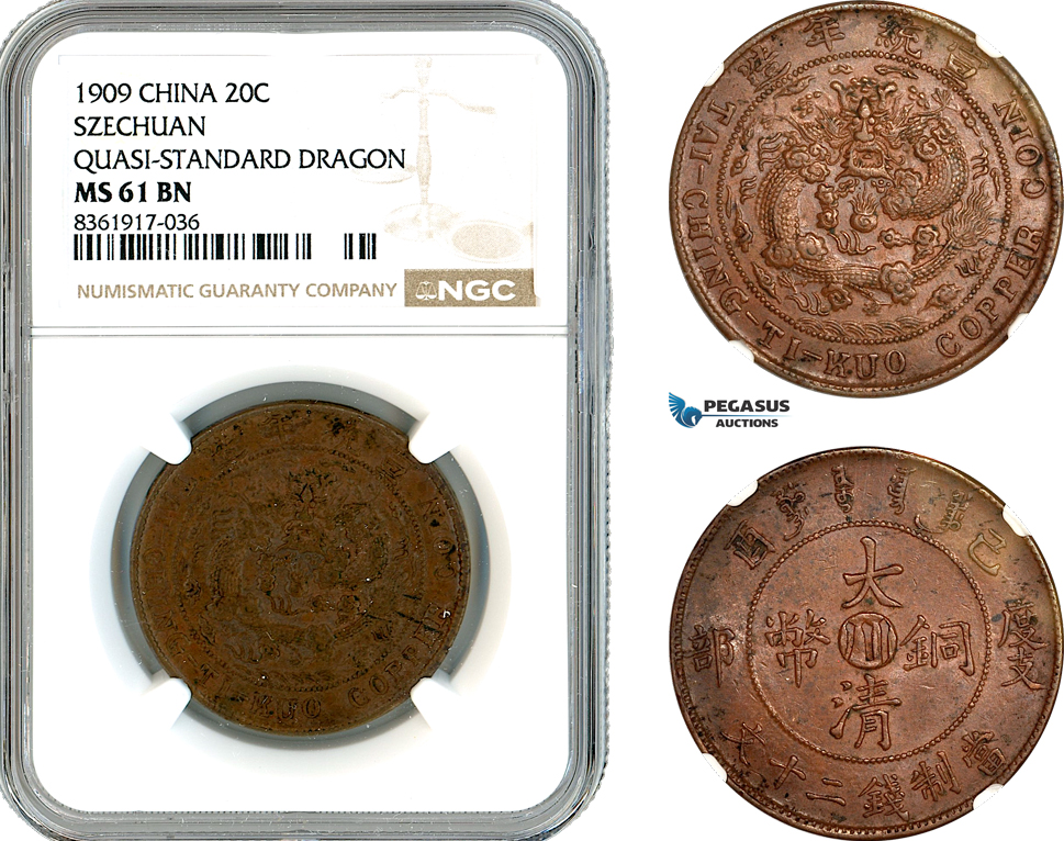 AK633, China, Szechuan, 20 Cash 1909, Quasi-Standard Dragon, NGC MS61BN