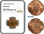 AK637, France, Napoleon III, 5 Centimes 1864 A, Paris Mint, NGC MS63BN