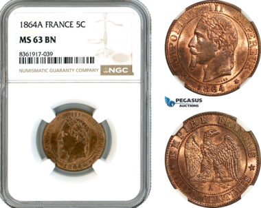 AK637, France, Napoleon III, 5 Centimes 1864 A, Paris Mint, NGC MS63BN