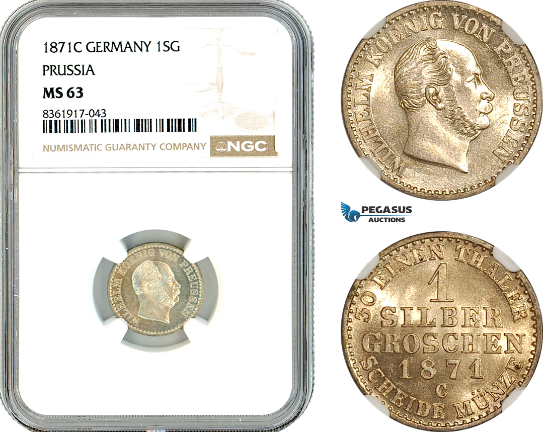 AK639, Germany, Prussia, William I, 1 Silbergroschen 1871 C, Frankfurt am Main Mint, Silver, NGC MS63
